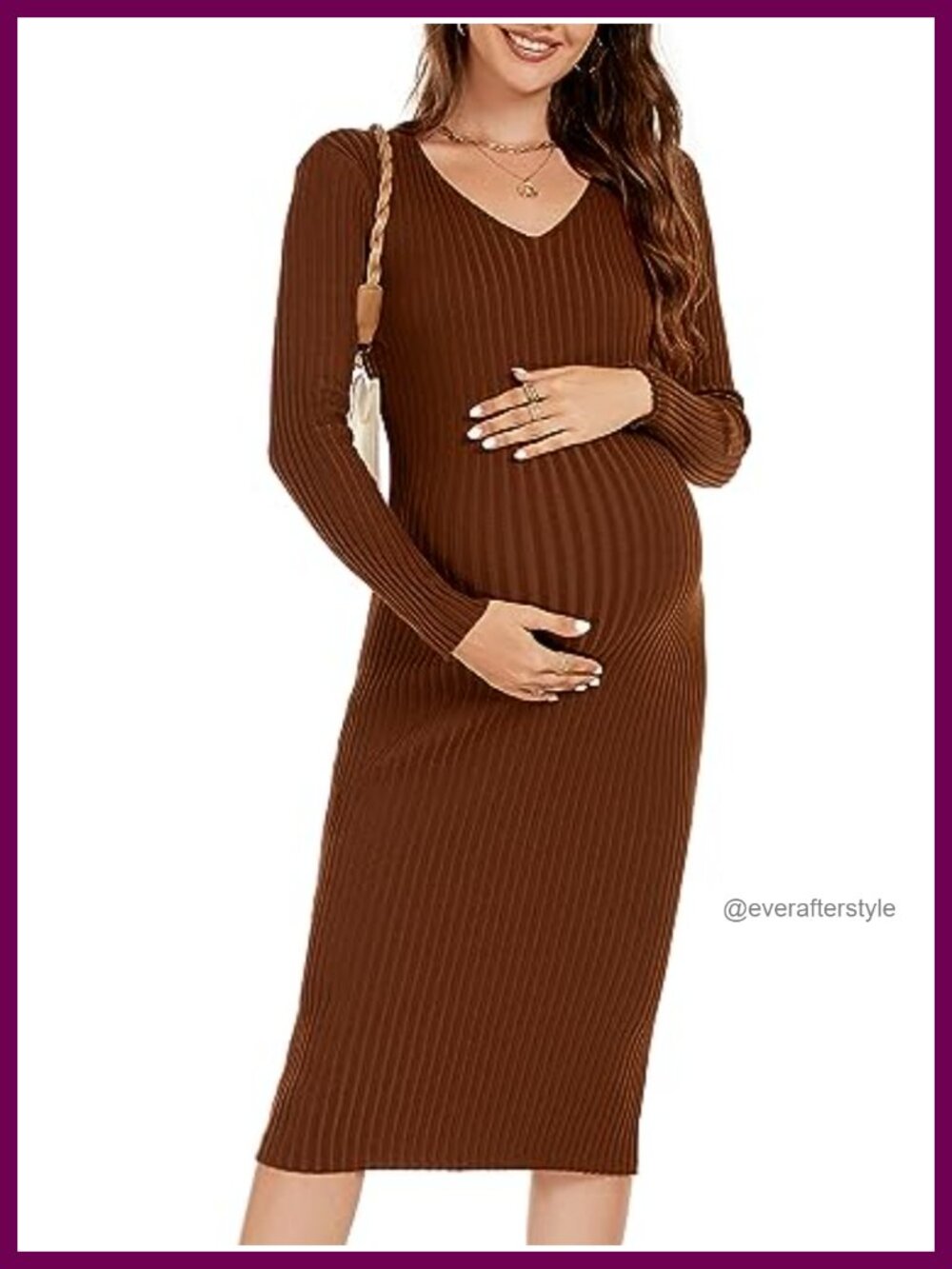 Maternity Long Sleeve Knit Sweater Dress V-Neck Bodycon Baby Shower